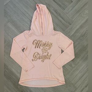 btween Pink Kids Hoodie with Merry & Bright in Gold Size 8